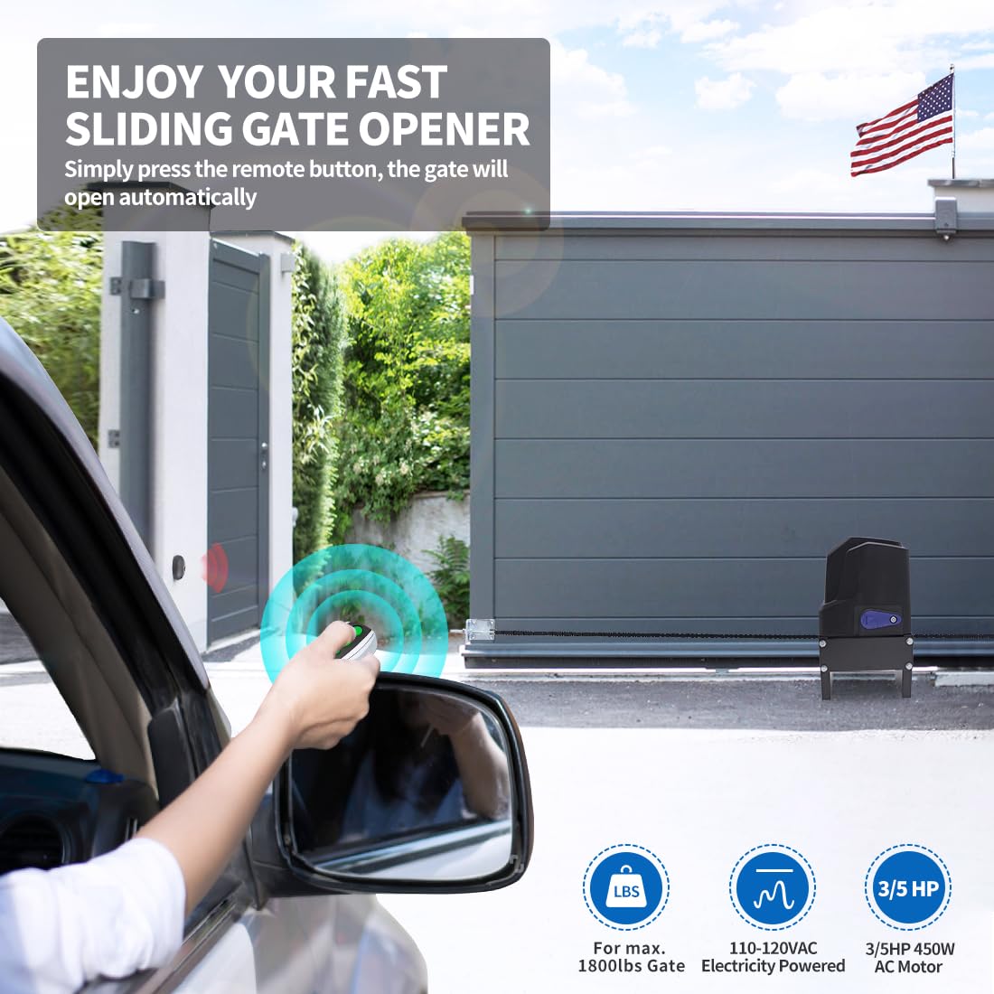 TOPENS CF800 Fast Sliding Gate Opener Chain Drive Automatic Gate Motor for Heavy Driveway Slide Gate Up to 1800 Pounds, Electric Gate Operator AC Powered with 20ft Roller Chain and Remote Control