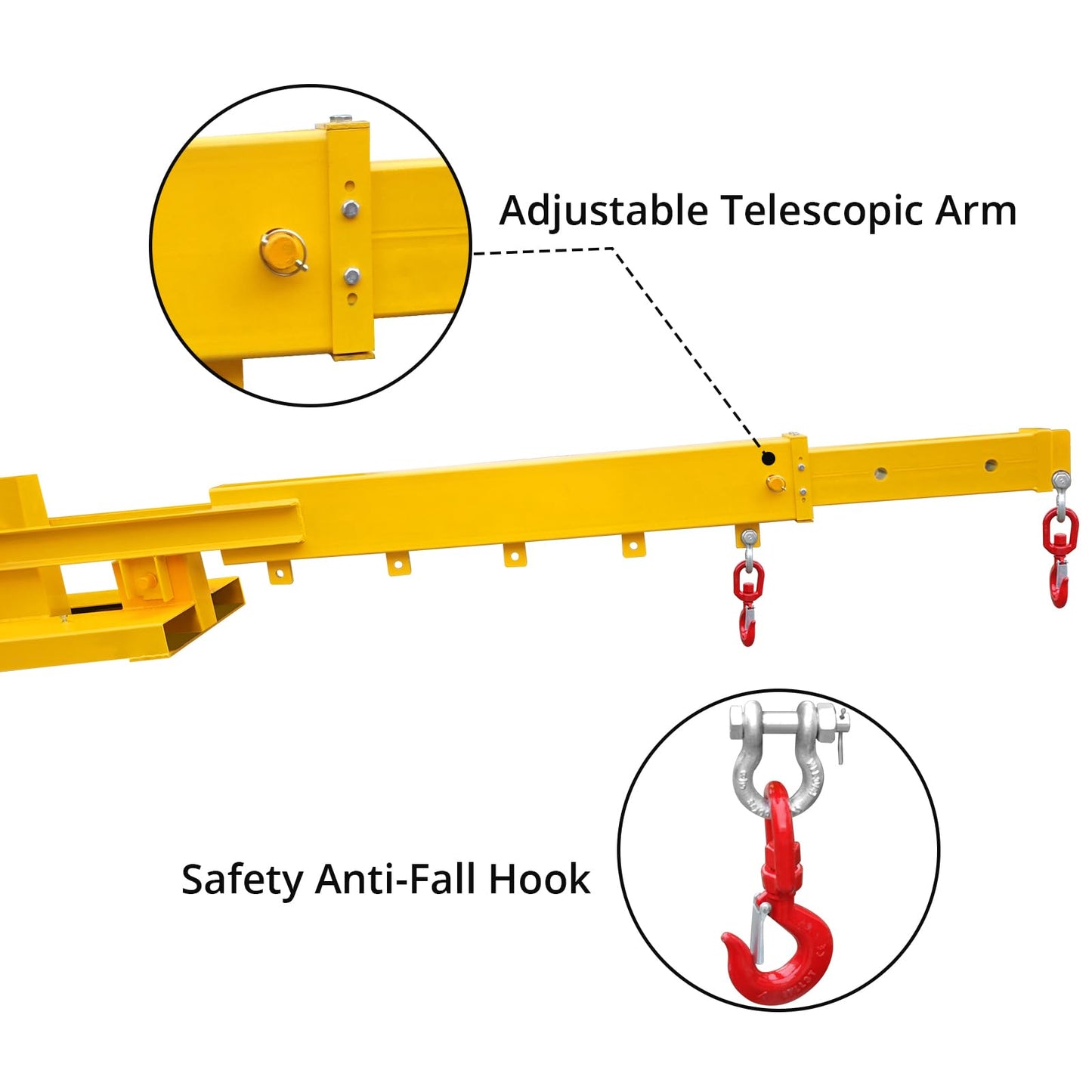 Adjustable Forklift Jib Boom Crane, Manual Telescopes 83“～149 in, Forklift Mobile Crane with Two 3 t Swivel Hooks, 6000 LBS Lift Capacity Forklift Crane for Warehouse or Factories