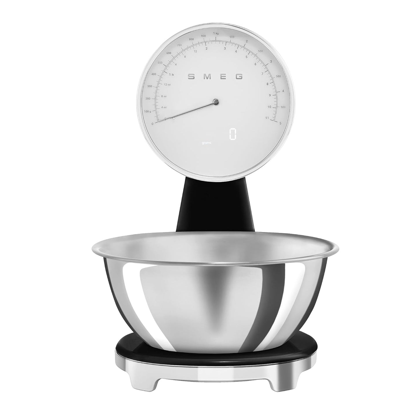 SMEG Retro-Style Kitchen Scale - 11 lb Capacity, Rechargeable Battery, Backlit LCD Display, Black Stainless Steel Bowl