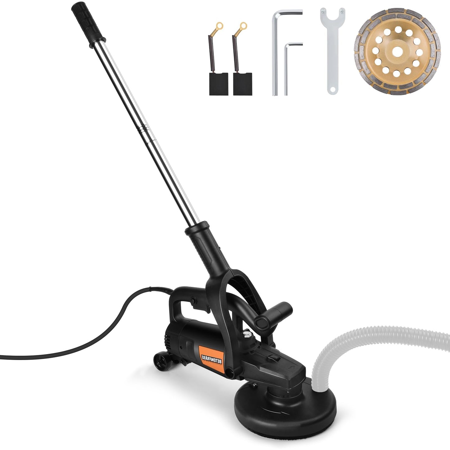 7 Inch Concrete Grinder Set with with Extendable Rod, 3800W Concrete Floor Polisher with Dust Extraction Shroud, 6 Gears, 6000RPM Concreter Surface Planner for Grinding Concrete Cement Marble