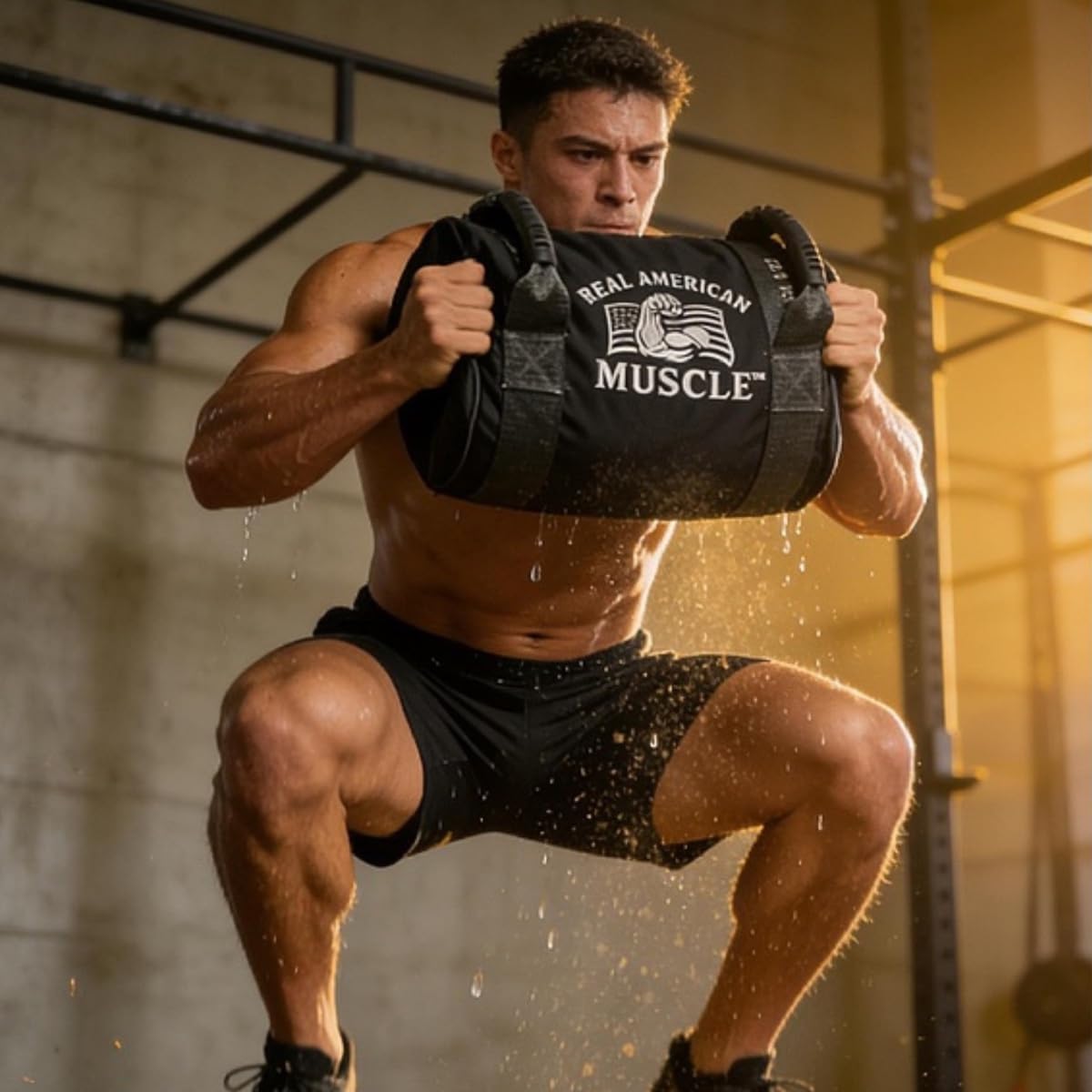 Real American Muscle 50 lb Heavy Duty Weighted Workout Sandbag, Compact 12 Inch Sand Bag for Strength Training, Strongman, Kettlebell Swings, Loaded Carries, Lunges, Squats, HIIT, Functional Fitness