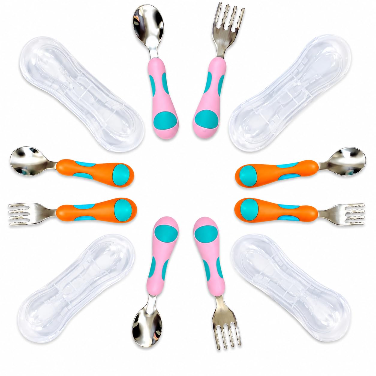 Toddler Silverware, Kids Utensils, Stainless Steel Forks Spoons Set With Travel Case For 1 2 3 & 4 Year Old. Metal Cutlery for Children Girls Boys Baby, Round Handle 8 Pieces (4 Sets) Pink Blue Orange