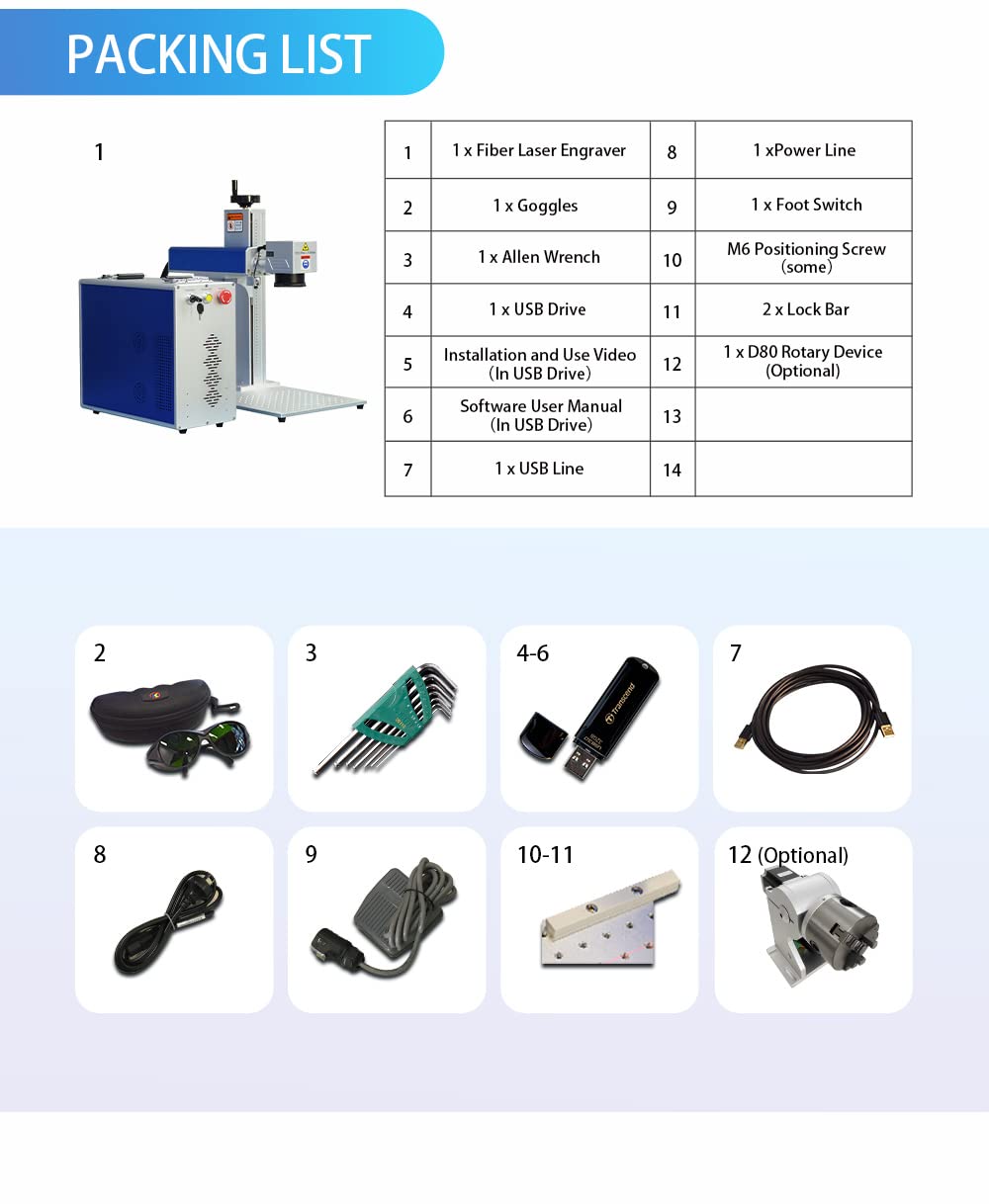 100W JPT M7 MOPA Fiber Laser Marking Machine Fiber Laser Engraver 300×300mm with 80mm Rotary Axis and Heightened 800mm Tower Lightburn Compatible Class 1 Laser Output Power 0.39mW