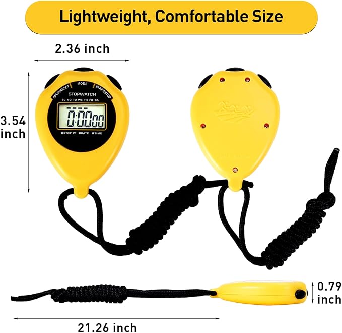 Stopwatch Sport Timer, 2 Pack Large Display Digital Stopwatch Timer with Date Time, No Alarm Silent Easy to Set Stopwatches for Sports, Coaches, Kids, Swimming and Running (Yellow)