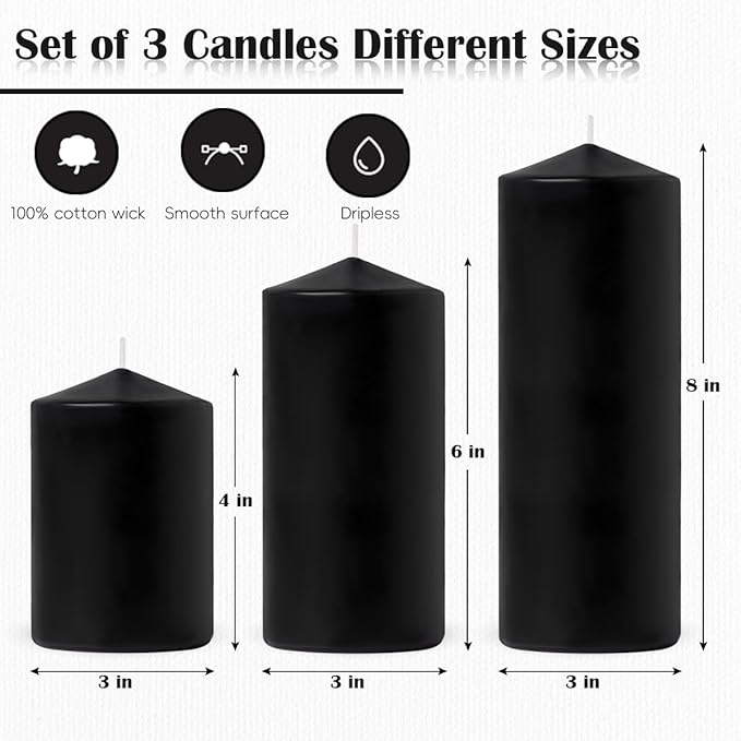 Set of 3 Different Size Black Pillar Candles, Unscented Dripless Large 3x4 3x6 3x8 Inch Long Lasting Cylinder Column Wax Candles for Halloween Home Table Decor Power Outage Emergency Hurricane