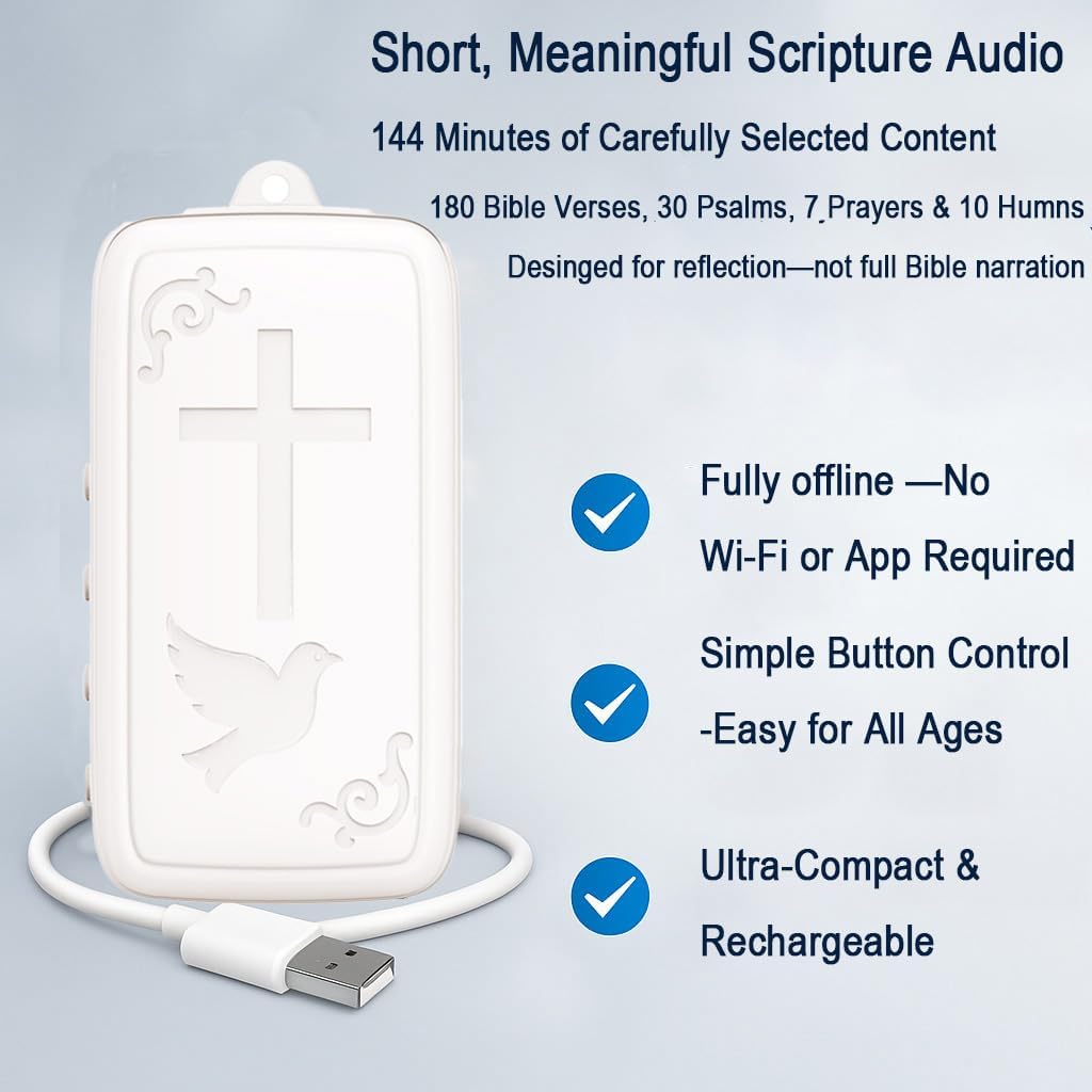 AHEHOLY Mini Bible Player with Selected KJV Scriptures, Psalms, Prayers & Hymns, Key-Sized Rechargeable Christian Gift