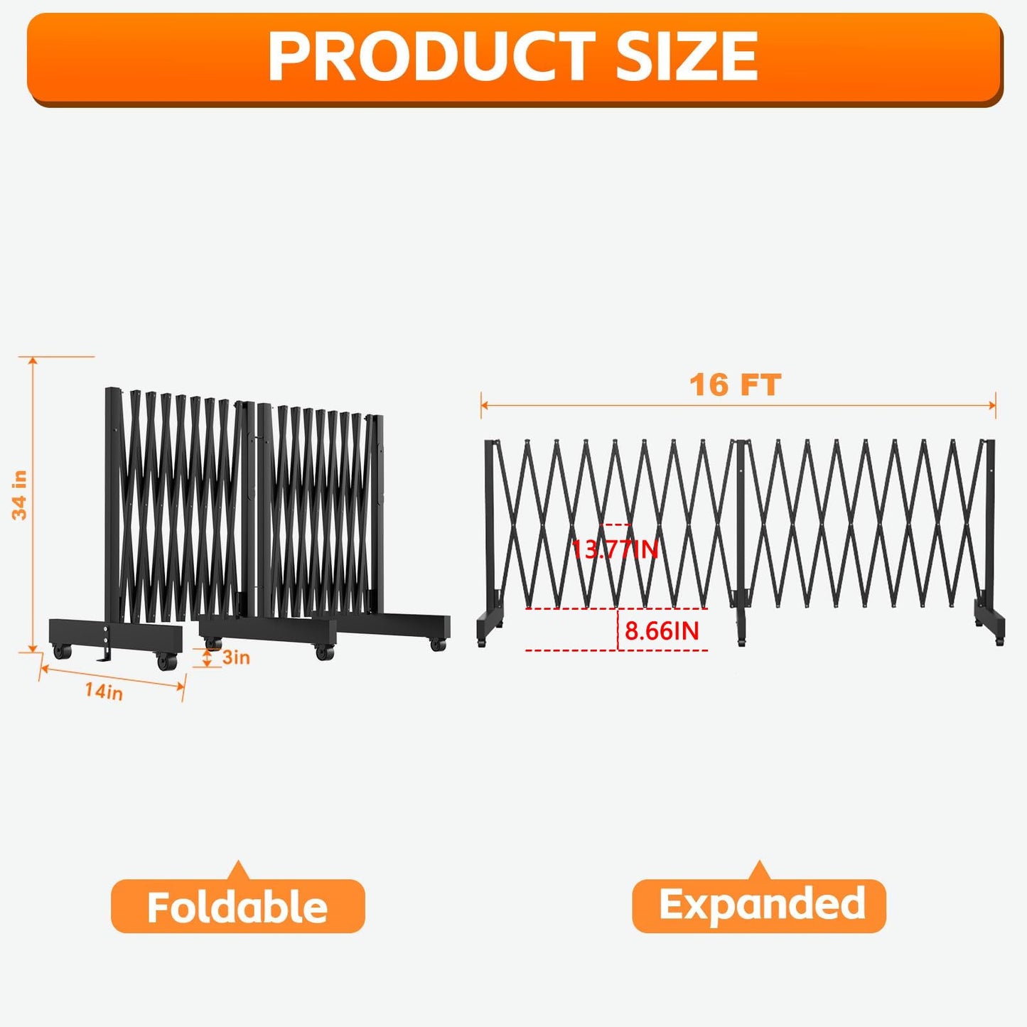 16 FT Industrial Metal Expandable Barricade，Retractable Traffic Fence with Casters, Folding Security Gate，Portable Barricade Gate for Construction Area, Traffic Control, Cordon(Black