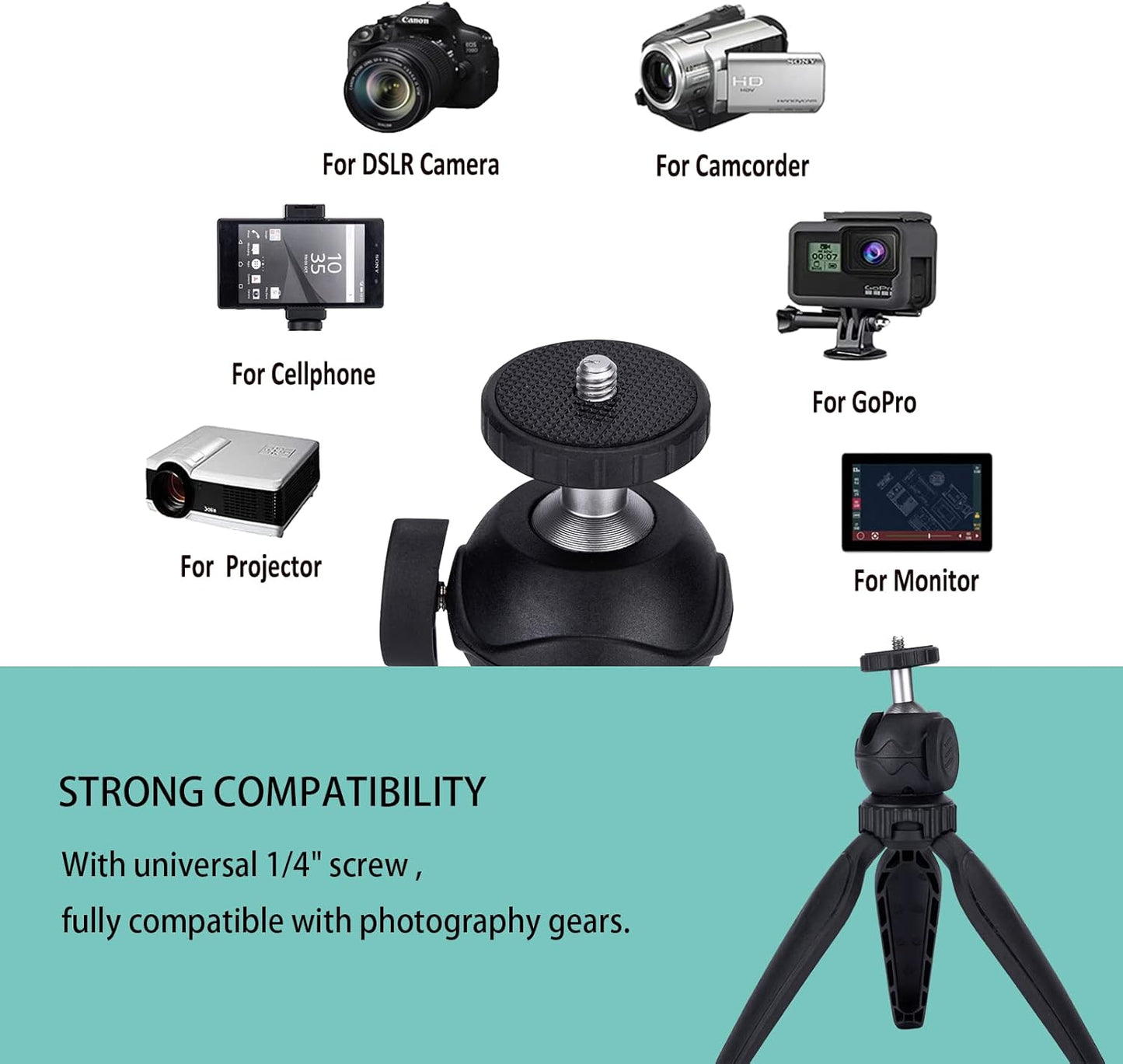 Ytvariw 360 Mini Camera Tripod with Phone Holder & GoPro Mount, Ball Head, Black, Compatible with DSLR, GoPro