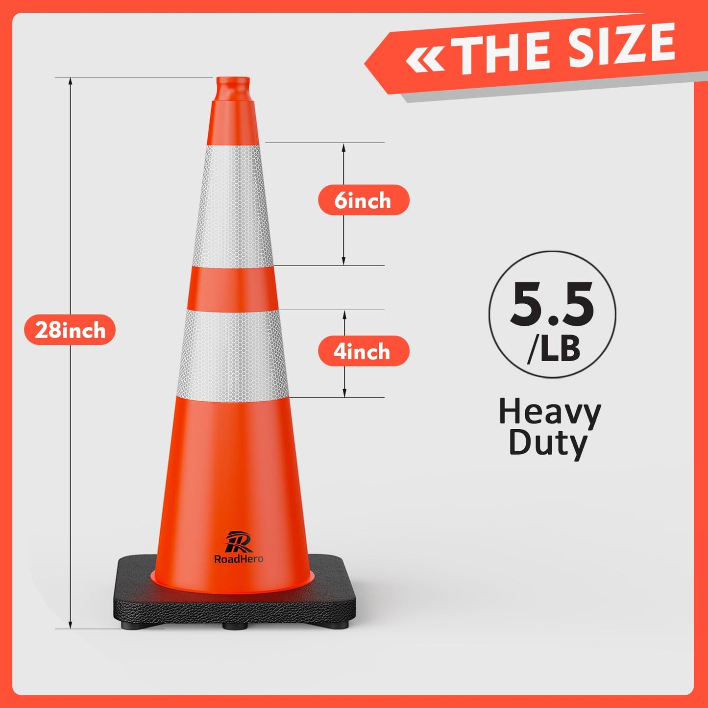 RoadHero 8 Pack Traffic Safety Cones 28 Inch with Black Weighted Base, Orange Cones with Reflective Collars for Parking Lot, Road Safety, Construction Events