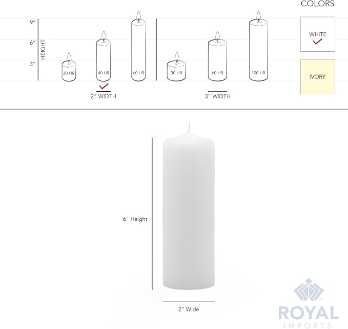 Royal Imports Pillar Candles White Unscented Premium Wax, 40 Hours Burning for Wedding, Spa, Party, Birthday, Holiday, Bath, Home Decor - 2"x6" Inch - Set of 12