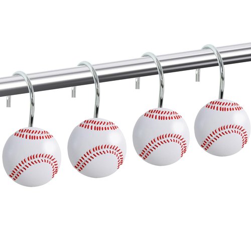 CTOHN 12PCS Baseball Shower Curtain Hooks, Sports Stainless Steel Decorative Shower Hangers Rings for Bathroom Decor