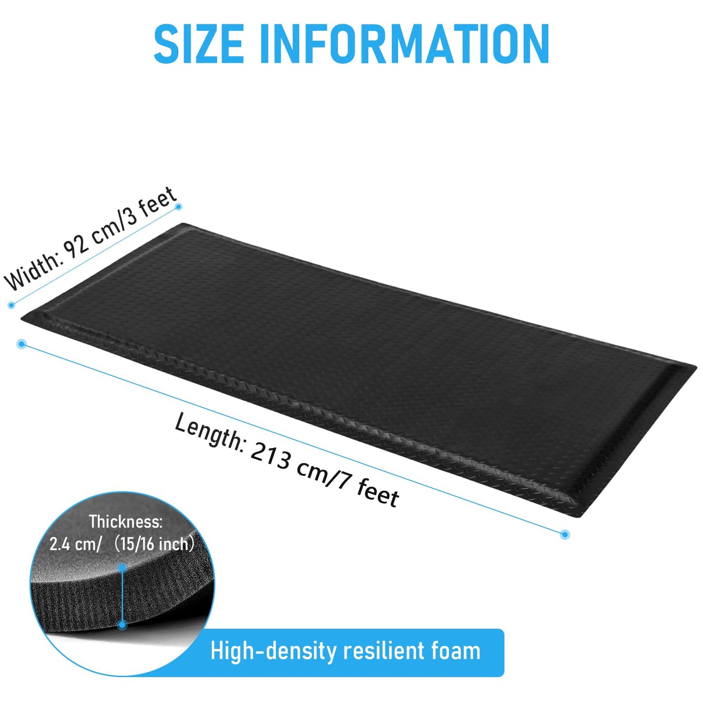 GOOFCXO 3 x 7 FT Anti Fatigue Mats Industrial 15/16 Inch Thick Soft Sponge Ergonomic Mat Durable Heavy Duty Diamond Plate for Standing Non Slip Industrial Grade Floor Mat for Leg & Back Pain Black