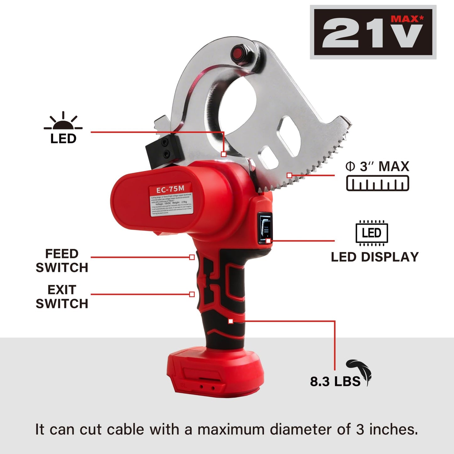 21V Battery Ratcheting Cable Cutters Cordless Heavy Duty Professional Electrical Portable Copper Cable Cutters (1500 KCMIL Copper/Aluminum Cables or 3 Inch Armour Cables)