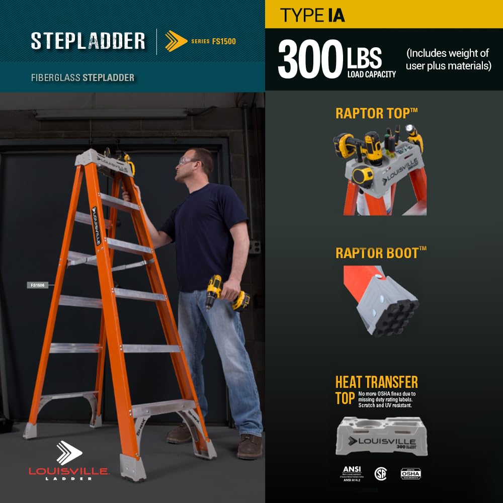 Louisville Ladder 7-Foot Fiberglass Step Ladder, 300-Pound Load Capacity, Type IA, FS1507