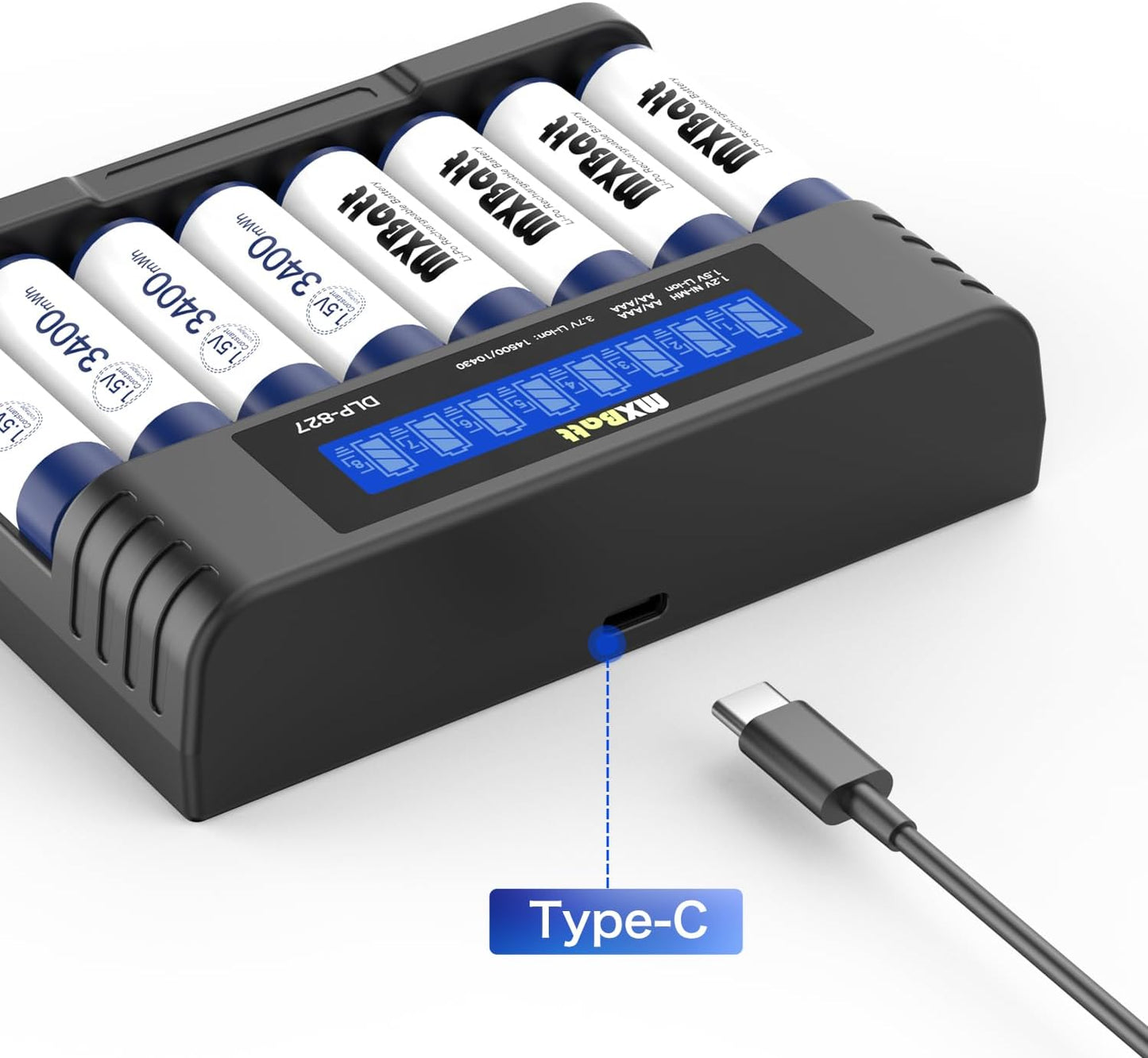 MXBatt 8 3400mWh 1.5V, 8 Packs 1500 AA Batteries Rechargeable Lithium with Charger Bay, Cycles, for Cordless Phones