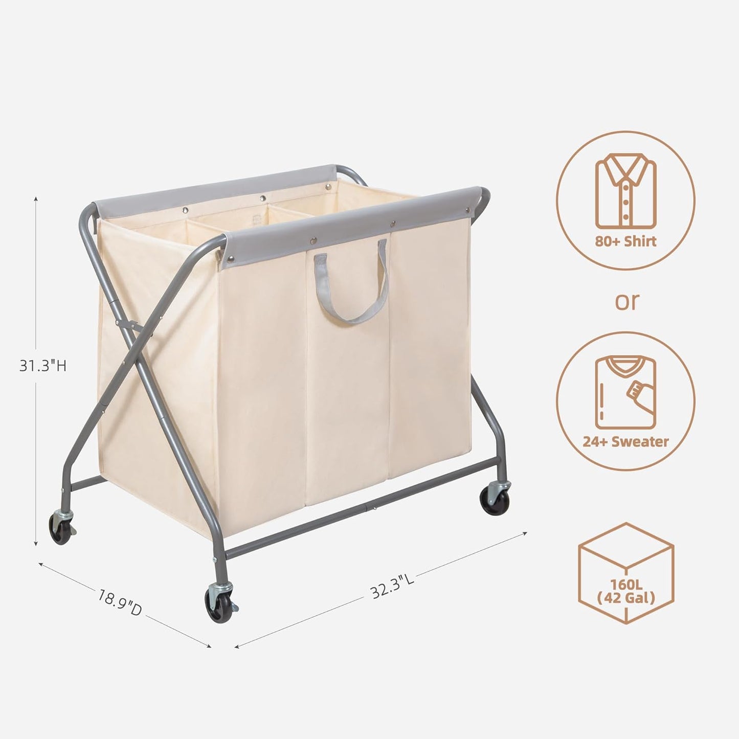 Storage Maniac 160L Collapsible Laundry Hamper - Heavy Duty Rolling Basket with Removable Bag & 3 Sections