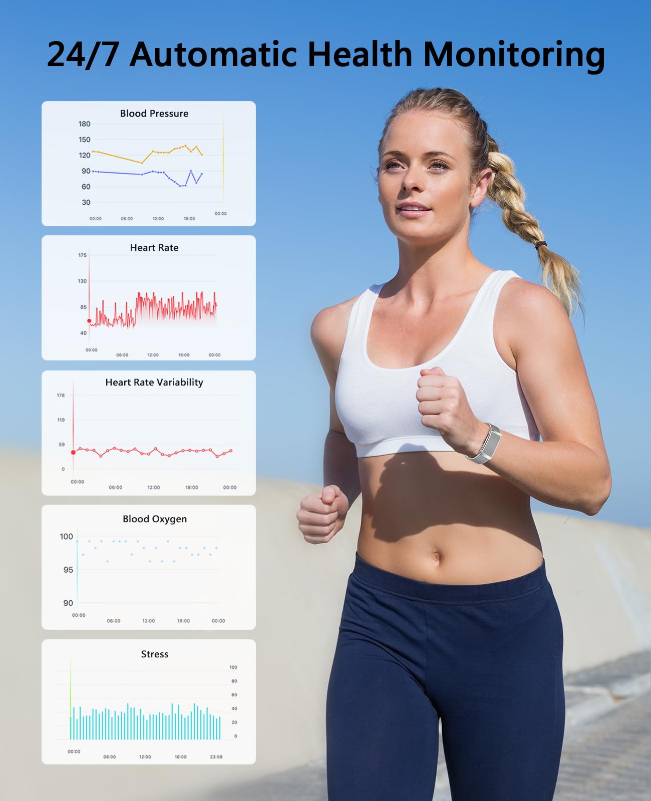Smart Bracelet for Men Women, Health Activity Fitness Trackers, 24H Sleep Tracker, 24/7 Continuous Heart Rate/Blood Pressure/HRV/Stress Monitor, 170+ Sports Modes Smart Wristband with 2 Bands Free APP