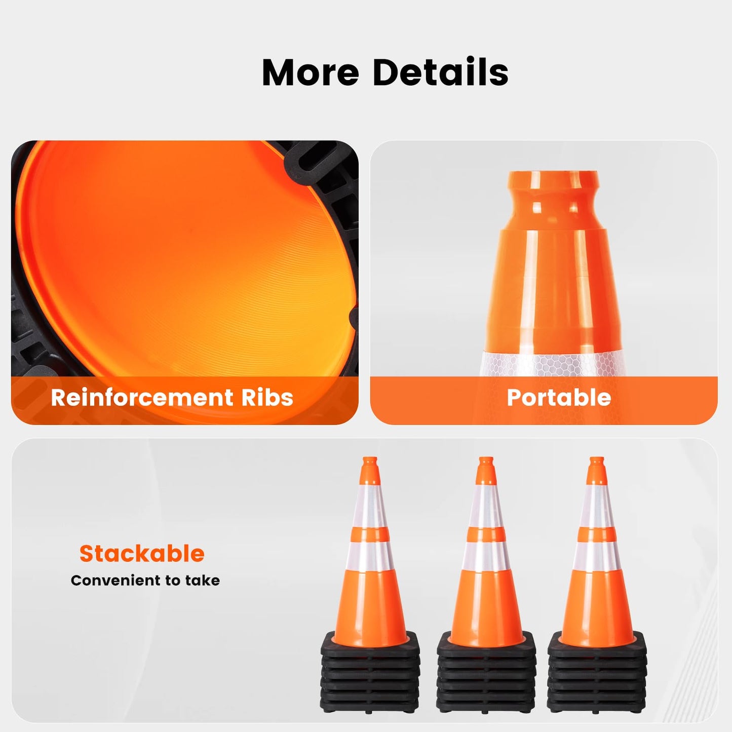 6 Pack 28" Cold Resistant Traffic Cones, 7 lb Heavy Duty PVC Cone with Reflective Film