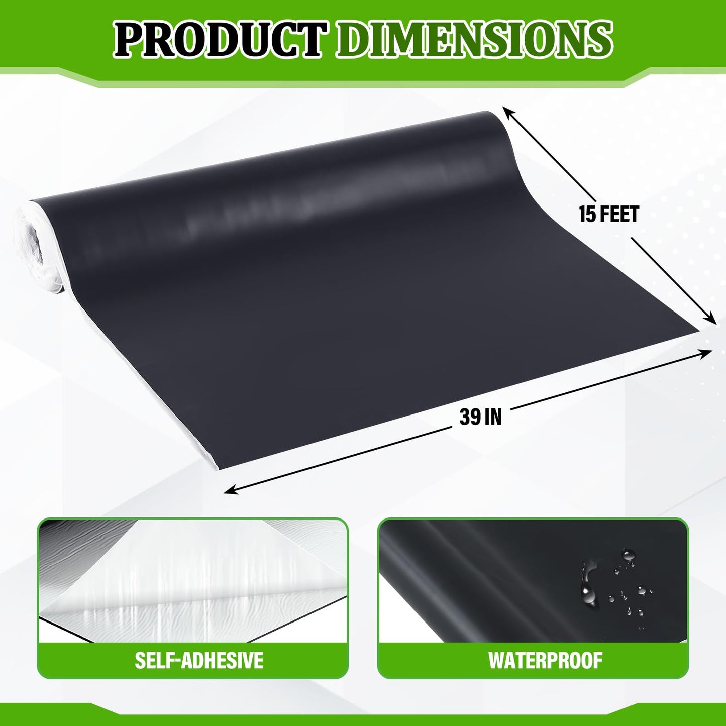 Pushglossy 1 Roll EPDM Rubber Roofing Membrane 39" x 15ft, Self-Adhesive Waterproof Underlayment, 50 Mil Reinforced Flat Roof Sheet, Ice and Water Sheet for RV, Shed, Garage and Patio