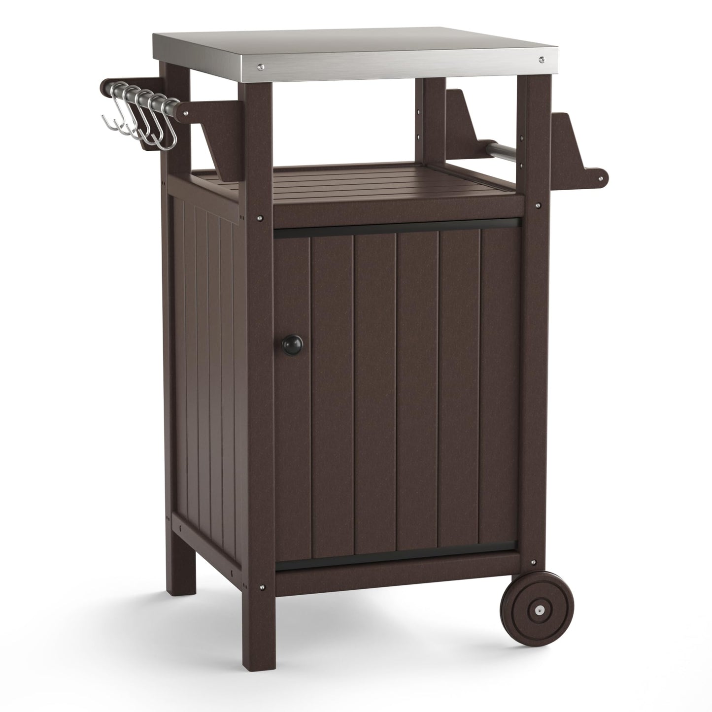 KORVOS Kitchen Portable Outdoor Grill Cart, Patio Movable Bar Cart with 304 Stainless Steel Top&HDPE Frame, BBQ Table for Indoor,Outdoor&All Weather Use, Brown