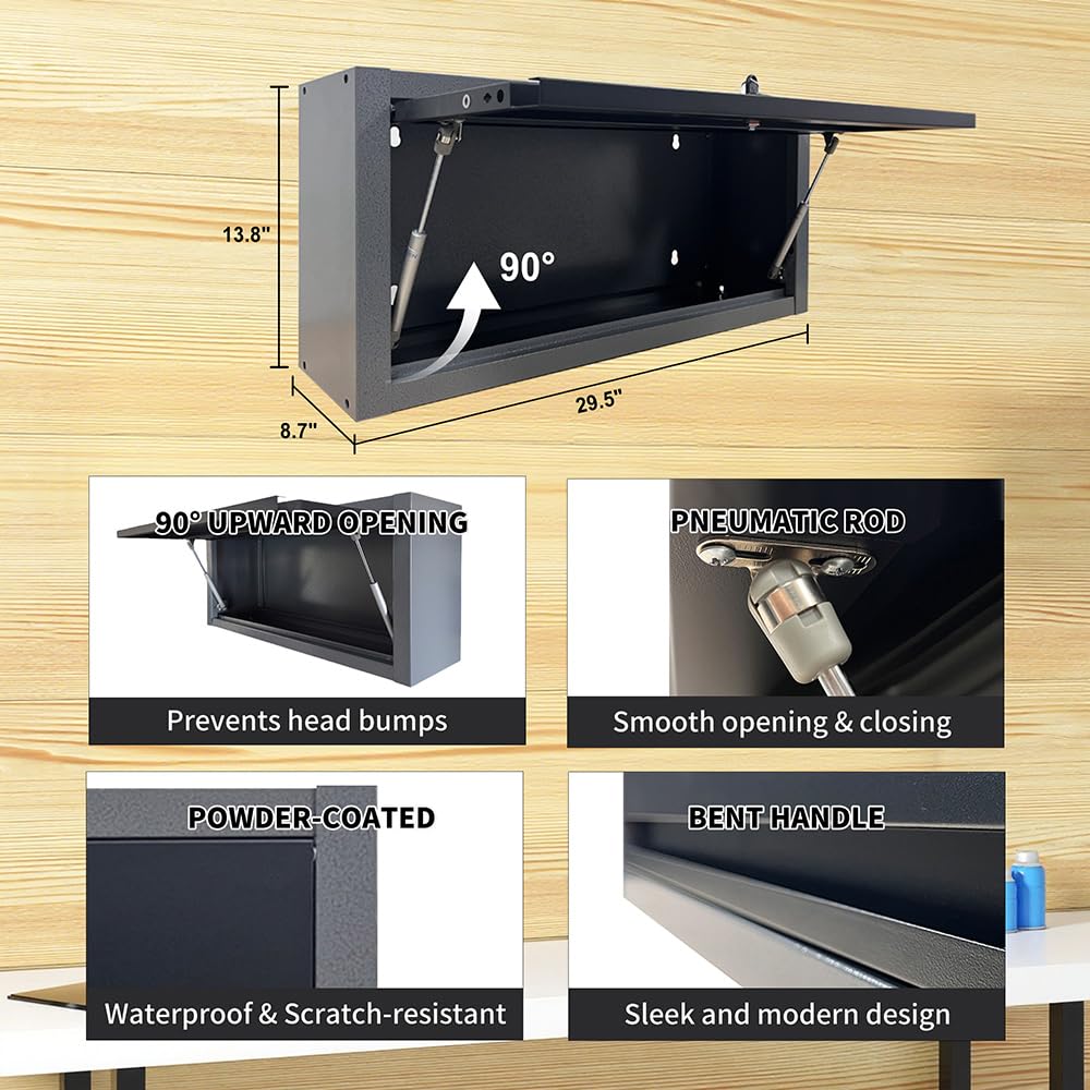 JZD Small Metal Wall Mounted Storage Garage Cabinet with Flip Up Door, Black & Grey