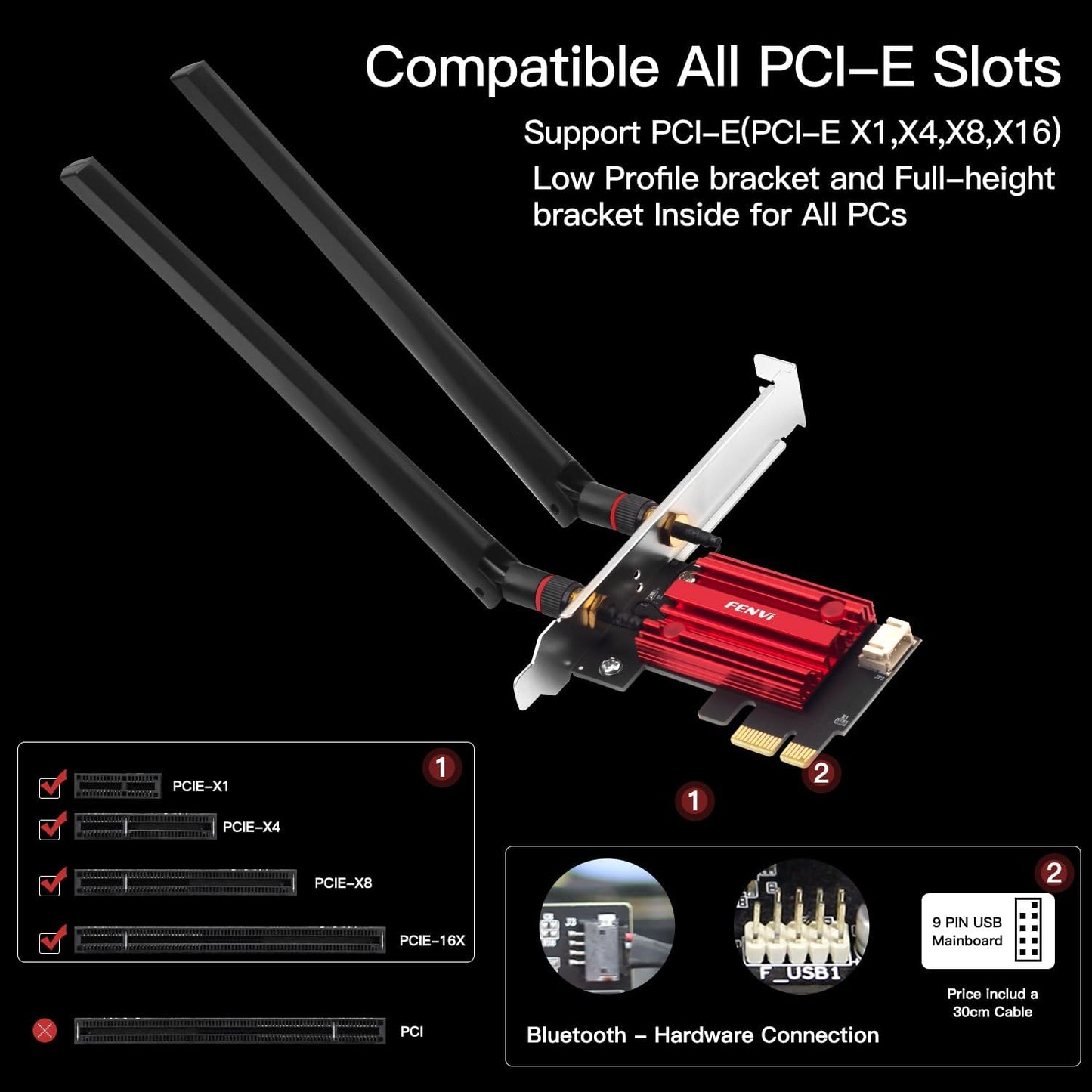 F FENVI FV-AC1200S AC1200 2.4G/5G 4.0 7/10/11, 4K FENVI PCIe WiFi Card Dual Band Bluetooth Wireless Network Adapter