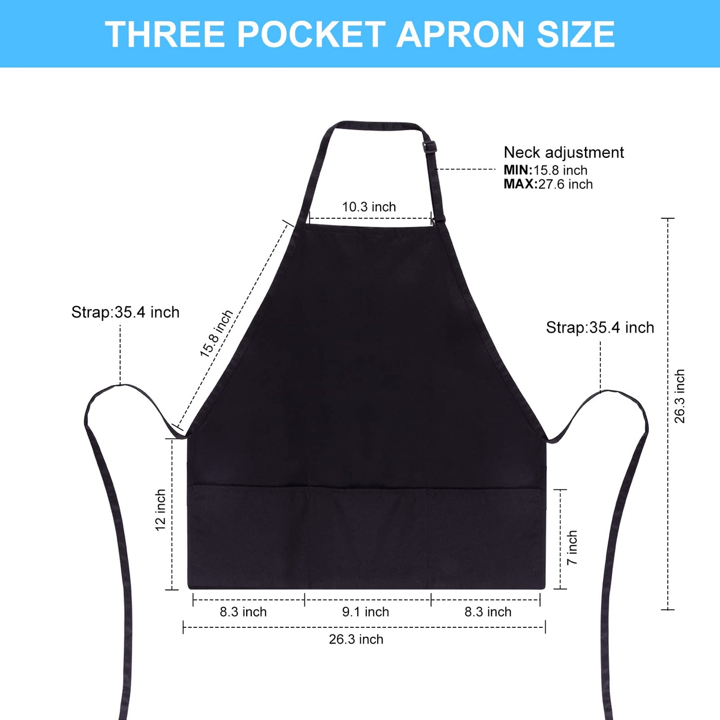 Jubatus 2 Pack 3 Pockets 100% Cotton Adjustable Bib Apron Chef Kitchen Cooking Aprons for Women Men, Black