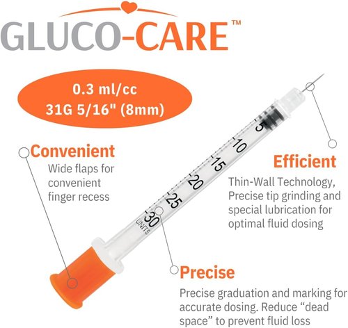 GLUCO-CARE 31G x 5/16’’ Syringes - 0.3 ml/cc, Orange Cap, Box of 100 for Precision Dosing