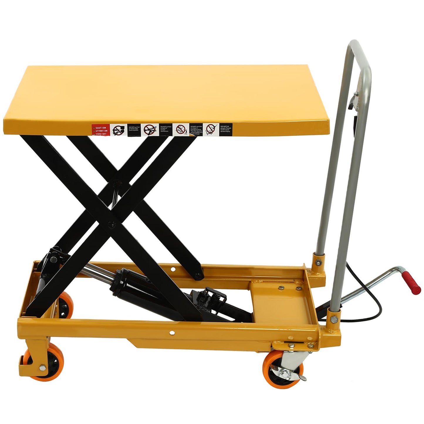 Hydraulic Lift Table Cart 500 lbs Load Capacity Manual Hydraulic Single Scissor Cart with Wide Deck, 4 Locking Wheels for Material Handling & Transportation (Yellow)