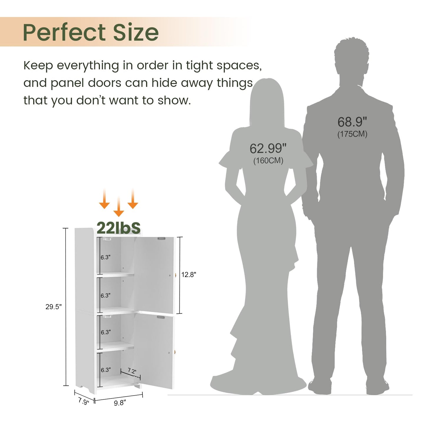 Snughome Bathroom Storage Cabinet, Small Bathroom Cabinet with 2 Doors & Adjustable Shelf, Narrow Toilet Paper Cabinet for Small Spaces, White, 7.9" D x 9.8" W x 29.5" H