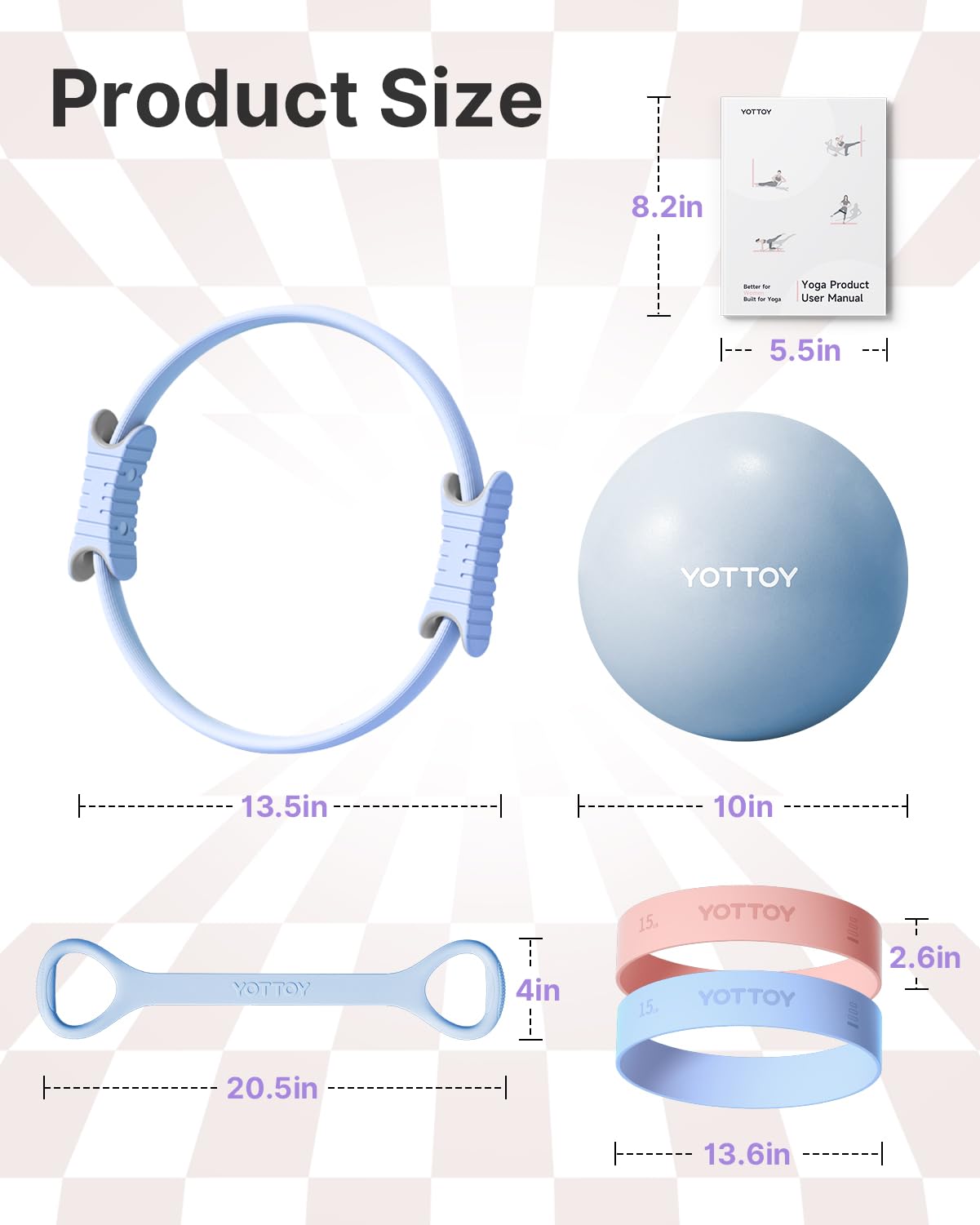 YOTTOY 13.5 Inch Pilates Ring and Ball Set, Figure 8 Resistance Bands, Stretch Bands&Guide,Pilates Equipment Set for Beginners for Home Workouts Core Strength, Yoga, Physical Therapy & Rehab, Blue
