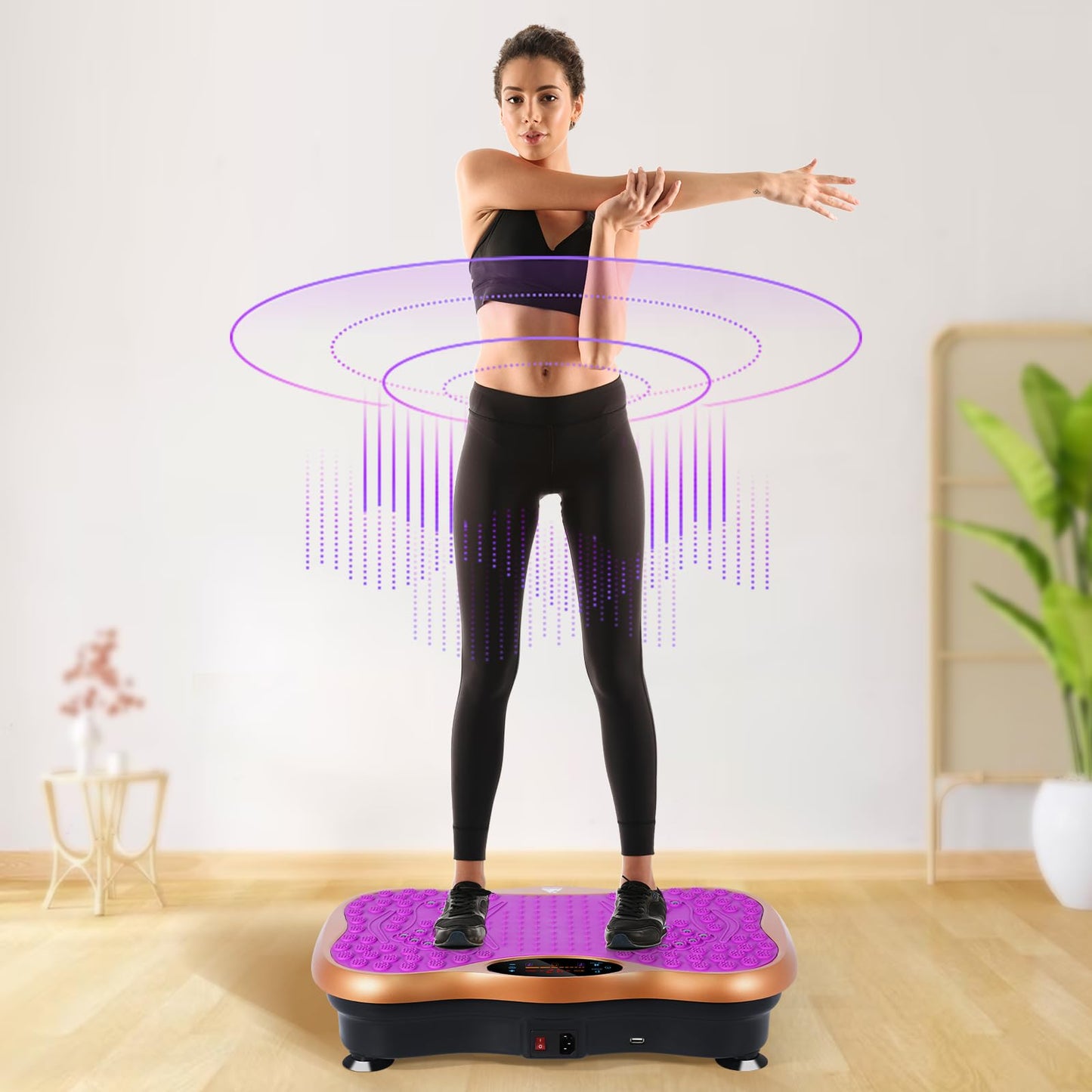 Himaly Vibration Plate Machine, Vibration Fitness Trainer with Bluetooth Speaker, 5 Program Modes, 2 Resistance Bands, Home Exercise Equipment for Fitness Body Toning Black and Purple