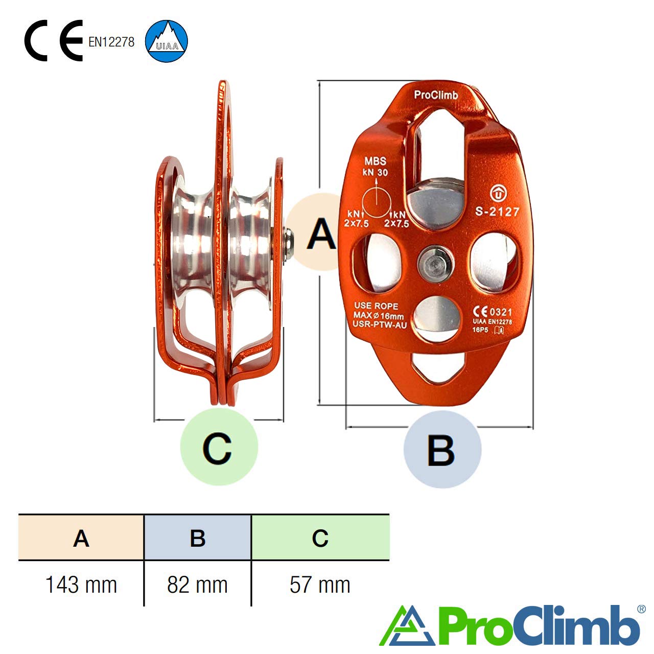 ProClimb 30kN Aluminum Rope Pulley with Swing Plate - CE/UIAA Certified, Double Sheave (Orange) - 5/8" Rope