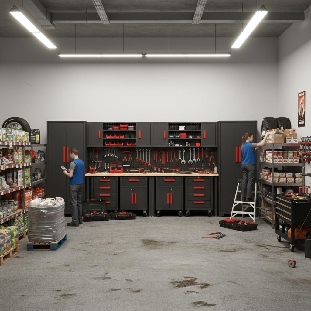 Tsnritor Garage Storage Cabinet System, 12PCS Garage Cabinets and Storage System Kit Workshop Set with Steel Cabinet, Cabinet Drawers, Workbench, Red Handle