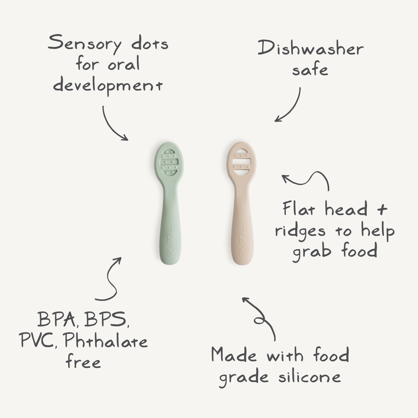 mushie Silicone First Feeding Baby Spoons | 2 Pack (Cambridge Blue/Shifting Sand)