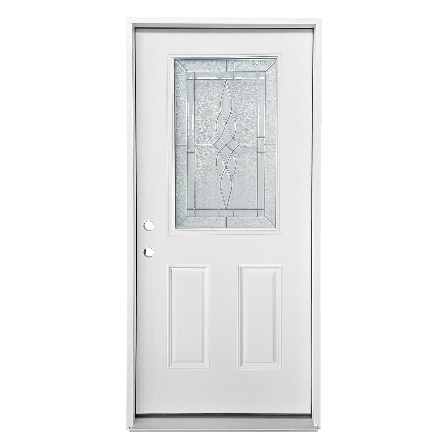 36x80 Fiberglass Prehung Exterior Door, Half Lite 2-Panel Frosted Glass Front Entry Door with Brickmould, White Primed (Right Hand Inswing)