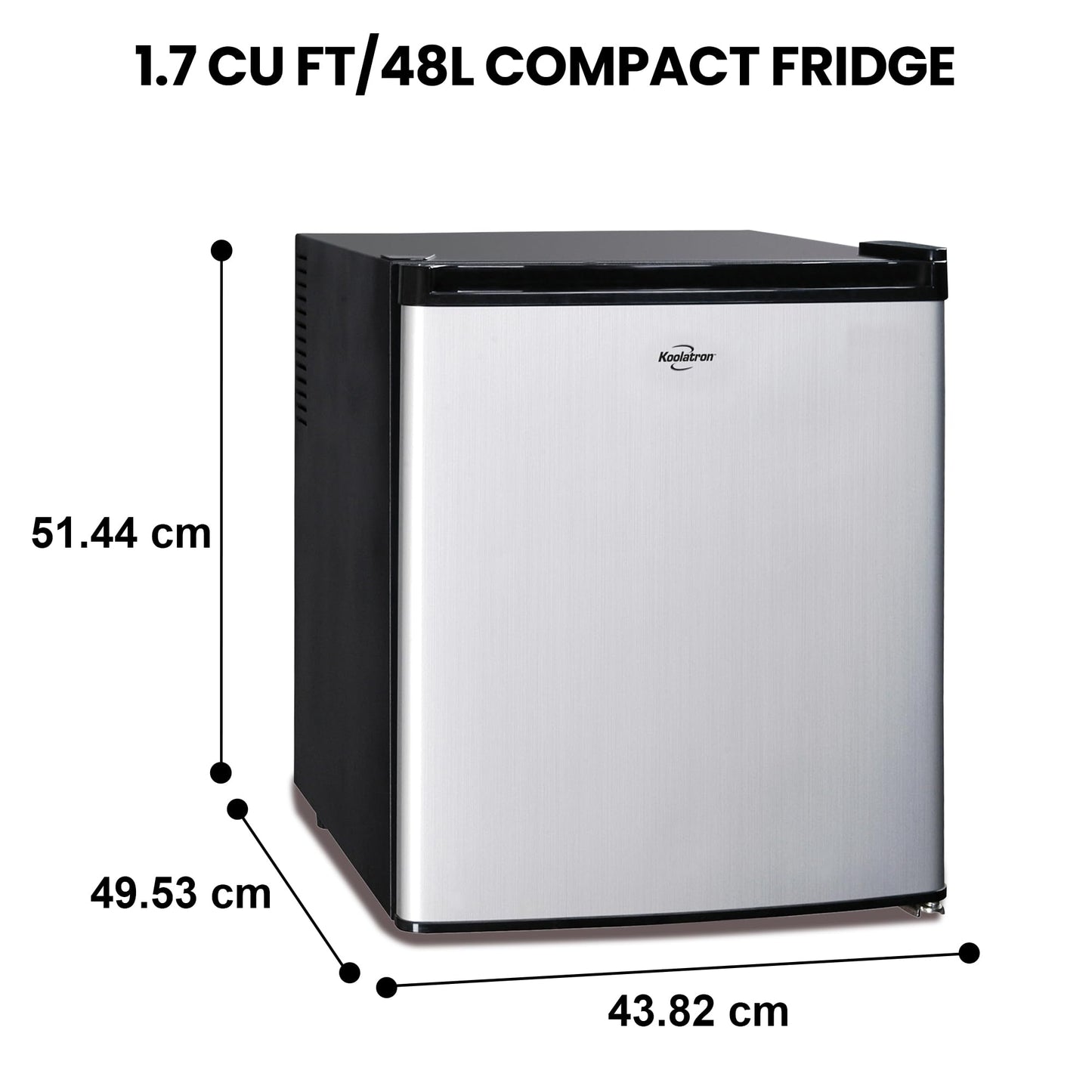 Koolatron Stainless Steel Compact Fridge with Freezer, 1.7 Cubic Feet (48 L) Capacity, Silver and Black, for Snacks, Frozen Meals, Beverages, Juice, Beer, Den, Dorm, Office, Games Room, or RV