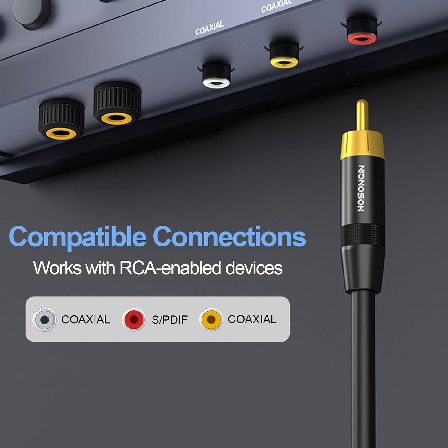 10FT, HOSONGIN RCA Subwoofer Cable RCA Male to Male Digital Coaxial Audio Cable for Home Theater, Soundbars