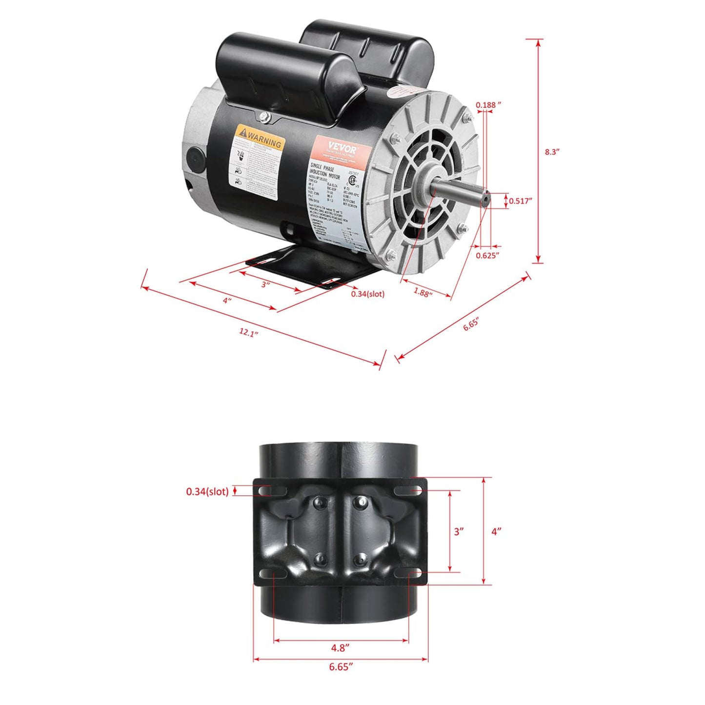 VEVOR 3HP Air Compressor Electric Motor, 230V 15.5 Amps, 56 Frame 3450RPM, 5/8" Keyed Shaft, 1.88" Shaft Length, Single Phase, CW/CCW Rotation (Factory Setting is CCW)