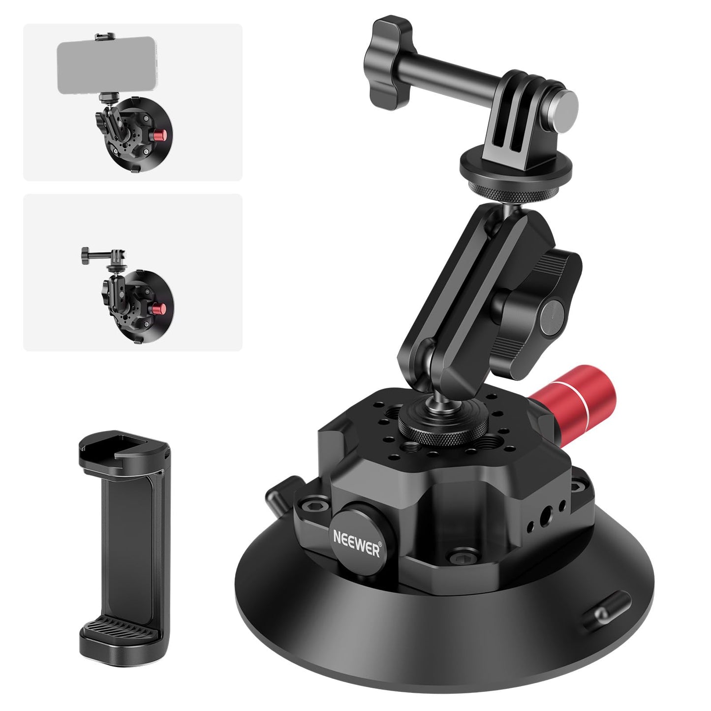 NEEWER 4.5" Suction Cup Camera Mount with Ball Head Magic Arm, 1/4" 3/8" ARRI Holes, Quick Release Car Mount with Phone Holder & Action Cam Adapter Compatible with iPhone DJI Insta360, CA105