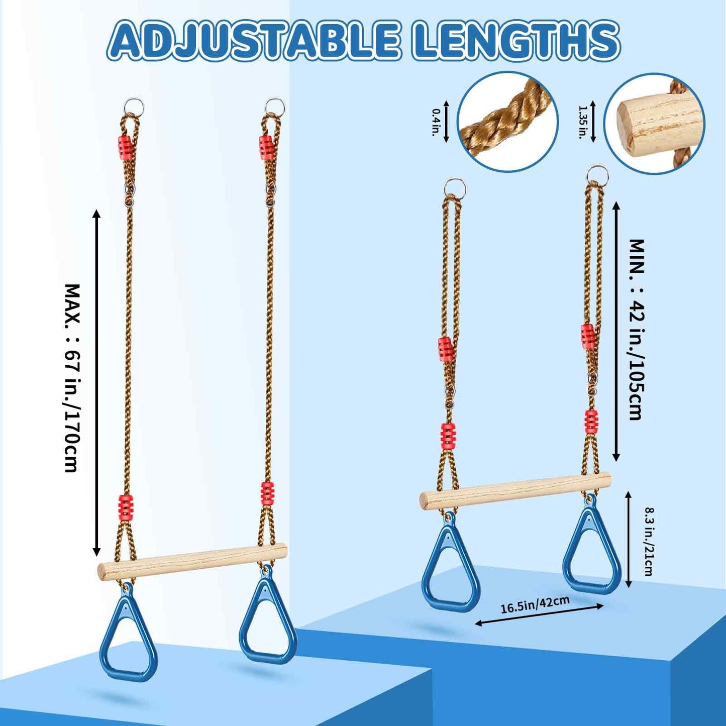 LadyRosian Wooden Trapeze Swing Bar, Adjustable Height Swing Set, Gym Rings, Playground Attachments, 16.5" Monkey Bar for Backyard, Playground, Playroom (Blue)