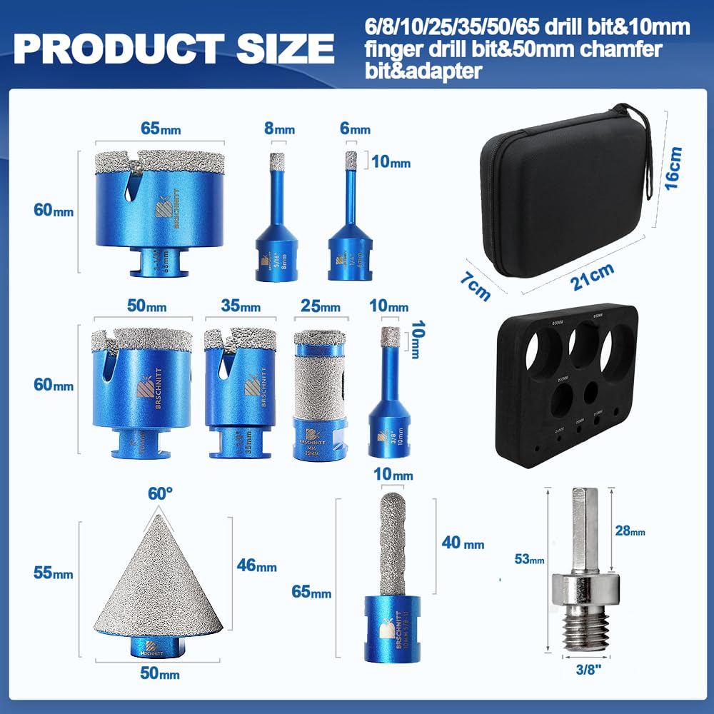 Diamond Core Drill Bit Set - BRSCHNITT 10pcs Tile Hole Saw Kit Diamond for Porcelain Tile Ceramic Marble Granite Drilling,Finger Chamfer Bit
