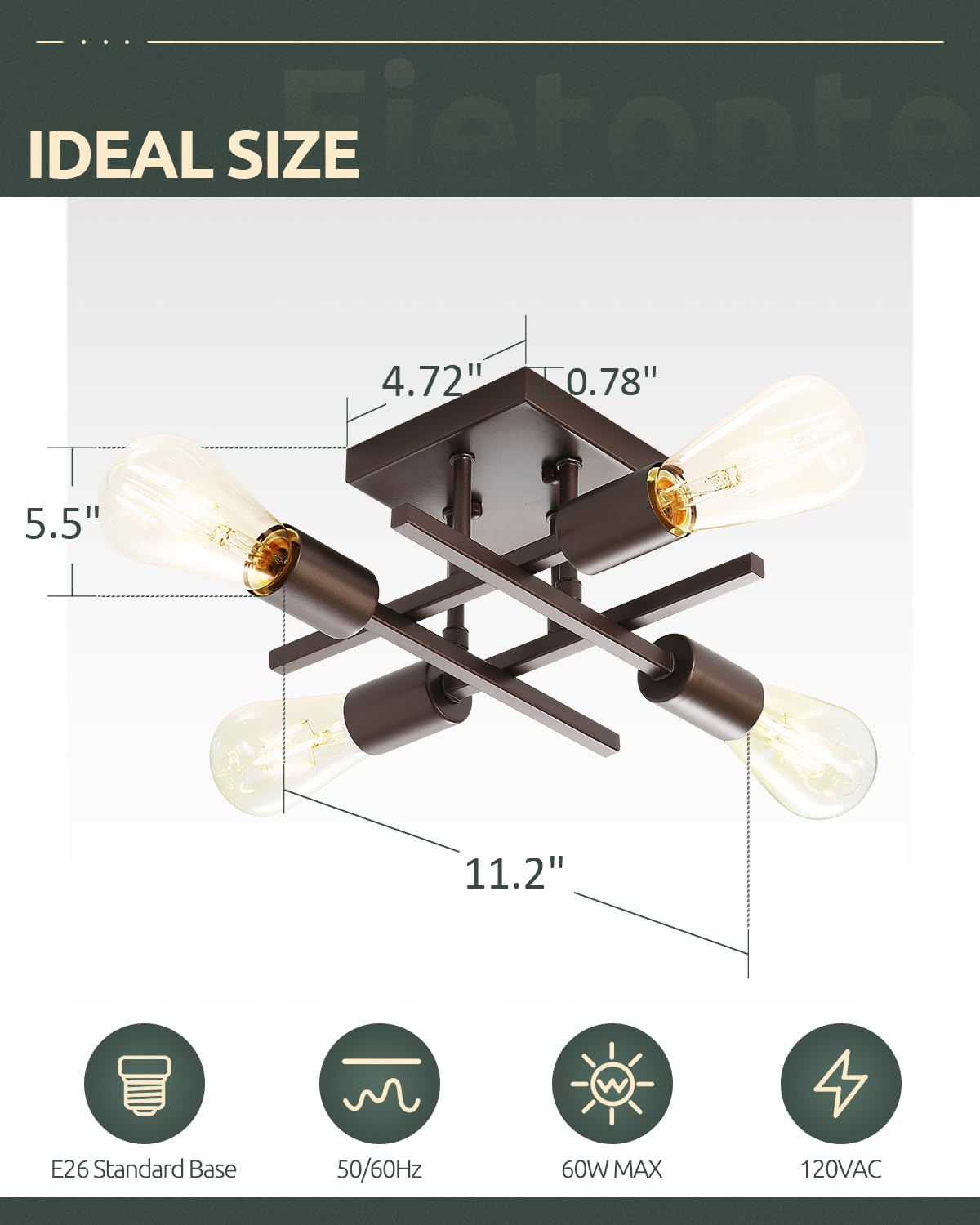 Eietonte Industrial 4-Light Semi Flush Mount Ceiling Light, Oil-Rubbed Bronze, Metal, EIECL001-ORB2P, 2 Count
