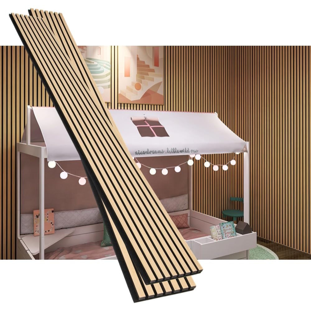 eazart 3D Acoustic Wood Veneer Slat Wall Panels for Interior Wall and Ceilings Panels,Sound-Absorbing Felt Board, Sound Proof Decorative Panels,94.49” x 23.62”Each Box Coverage,2 Pack,Natural Oak