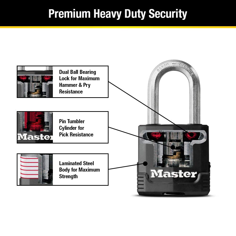 Master Lock Black Key Lock, Heavy Duty Weather Resistant Padlock with Cover, Keyed Alike Padlocks for Outdoor Use, 4 Pack, M115XQLF