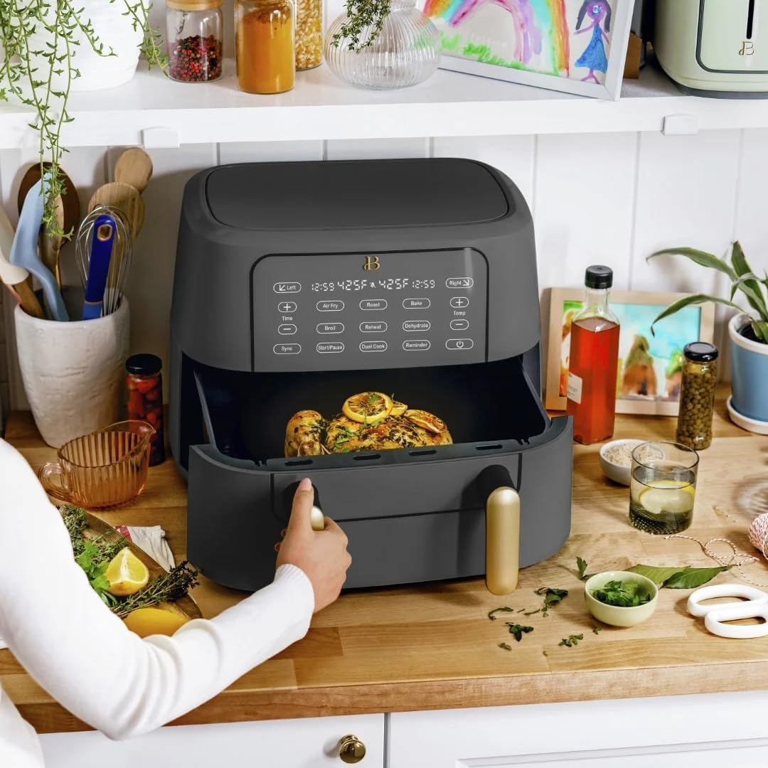 Trizone 9-Quart Dual Zone Air Fryer Exclusive with Divider & Crisper Trays, Digital Touchscreen for 2-in-1 Cooking By Drew Barrymoree (Grey)