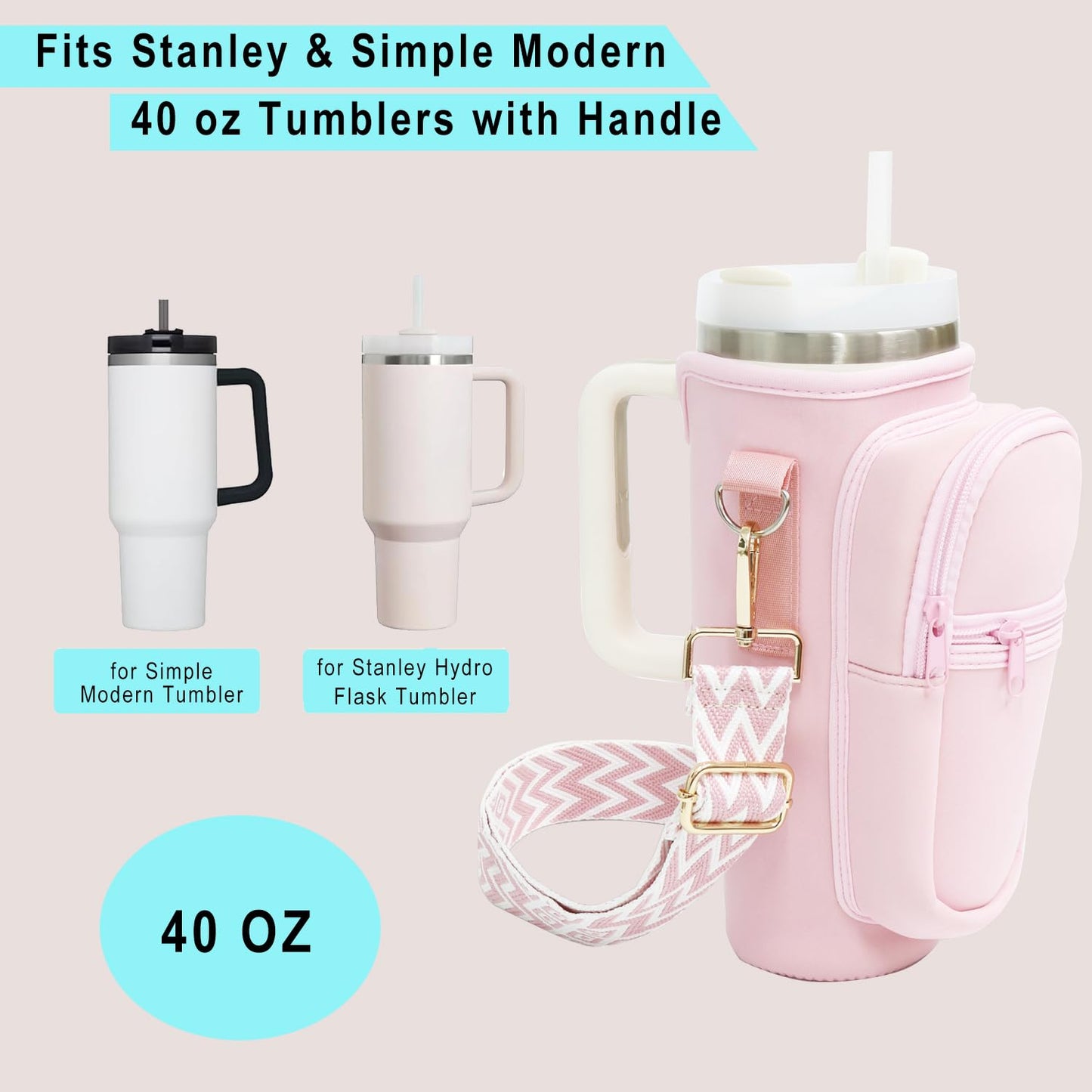 Water Bottle Holder with Strap for Stanley Cup 40 oz Tumbler with Handle, Super Large Capacity Pocket, Water Bottle Carrier Bag with Phone Pocket for Stanley Cup Accessories (Pink)