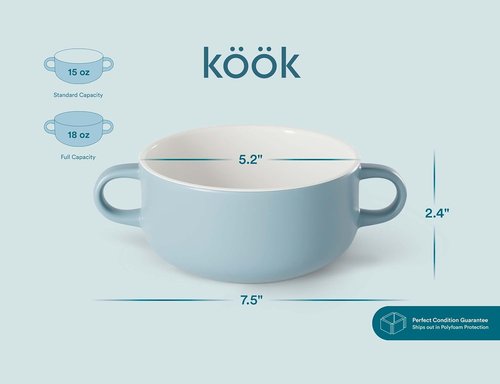 Kook Ceramic Soup Crocks - Oven & Microwave Safe Bowls with Handles | 18 oz, Set of 4 (Pale Blue)