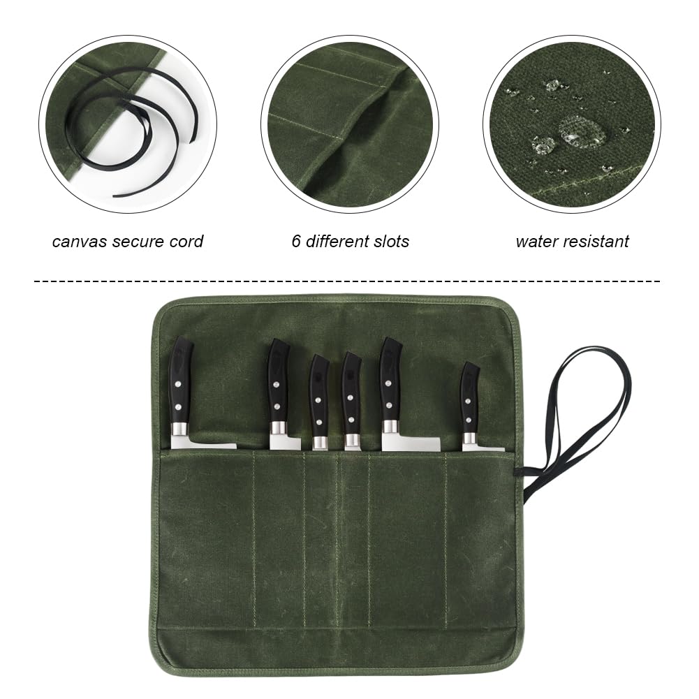 JOINDO Knife Roll Bag, Chef’s Knife Roll Bag, Heavy Duty Chef Knife Roll Bag with 6 Slots, Waxed Canvas Knife Bag Roll, Knife Pouch Holder for Home, Kitchen, Grill (green)