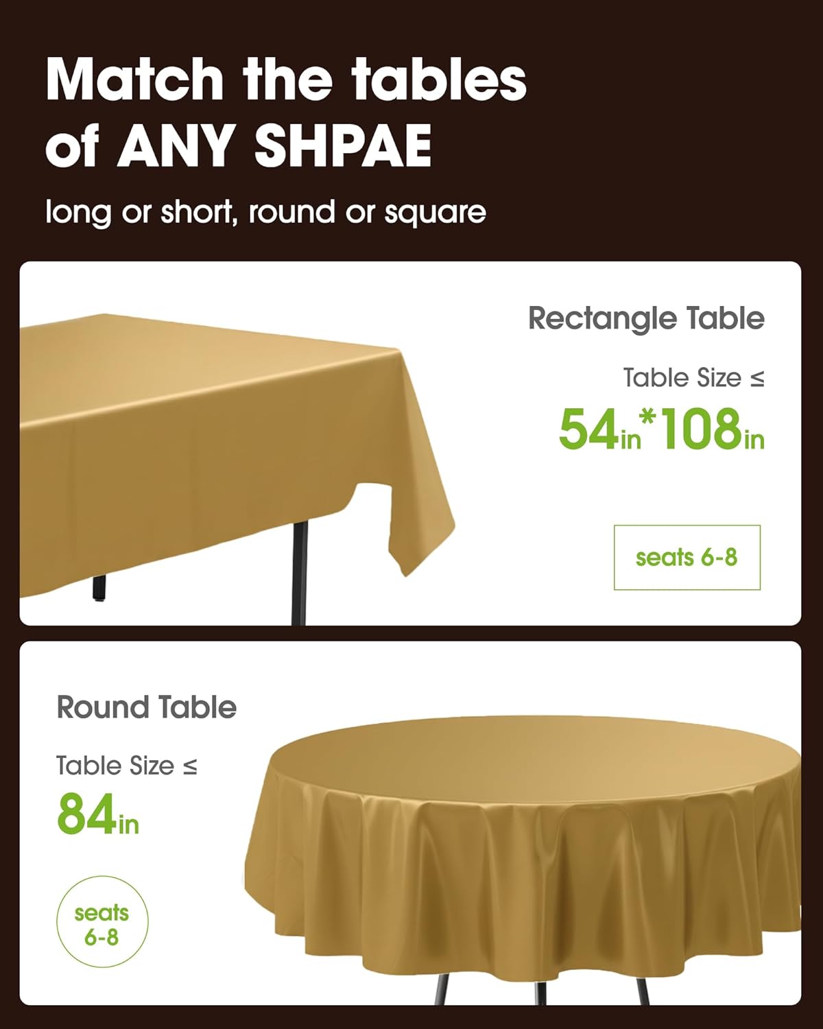 Pureegg Disposable Plastic Tablecloths - 10 Pack, 54 x 108 Inch, Sturdy & Leakproof, Gold for Events